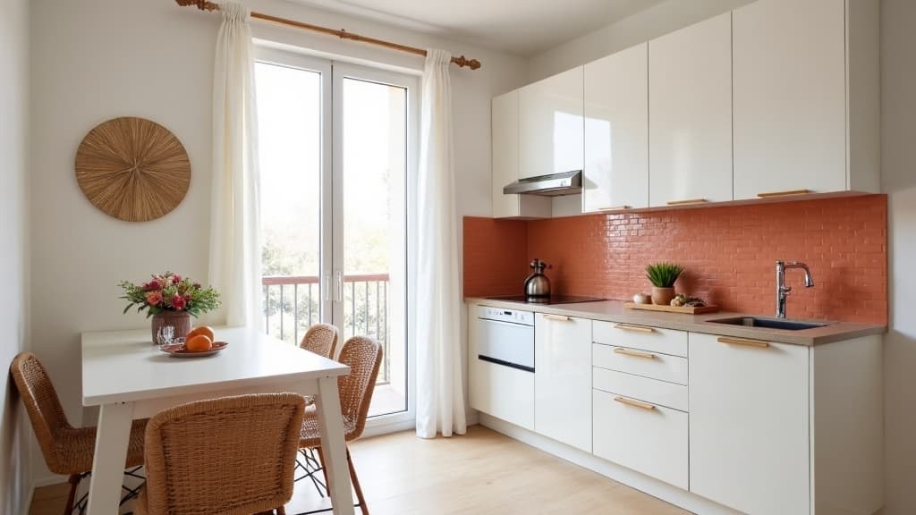 Styled vacation rental kitchen with terracotta tile backsplash and ceramic decor
