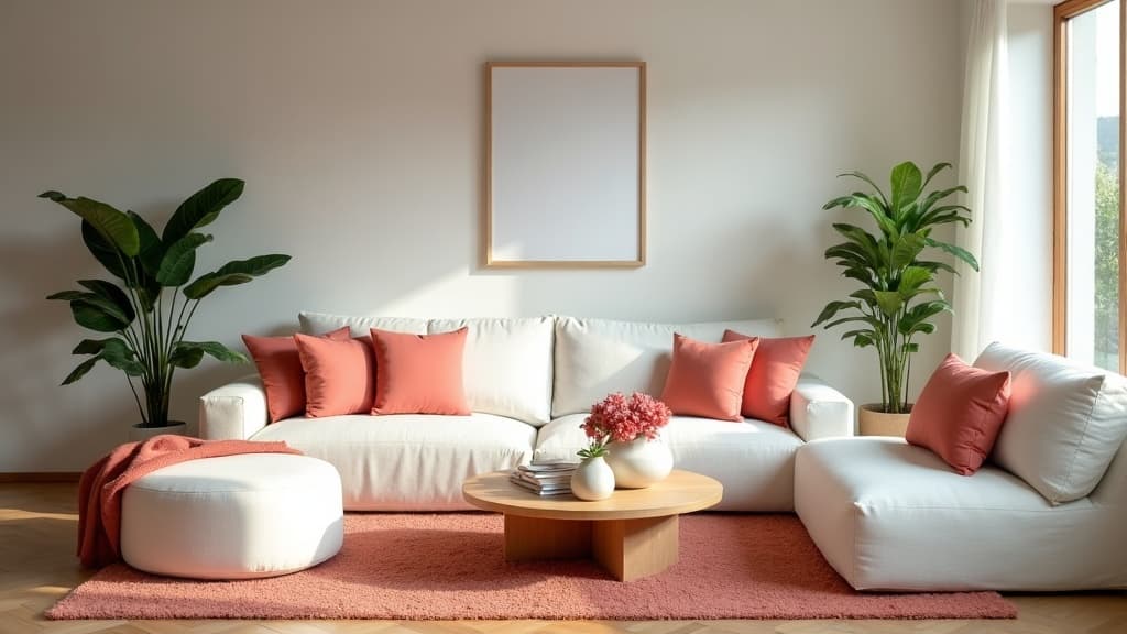 Bright, styled vacation rental living room with linen sofa and coral accents