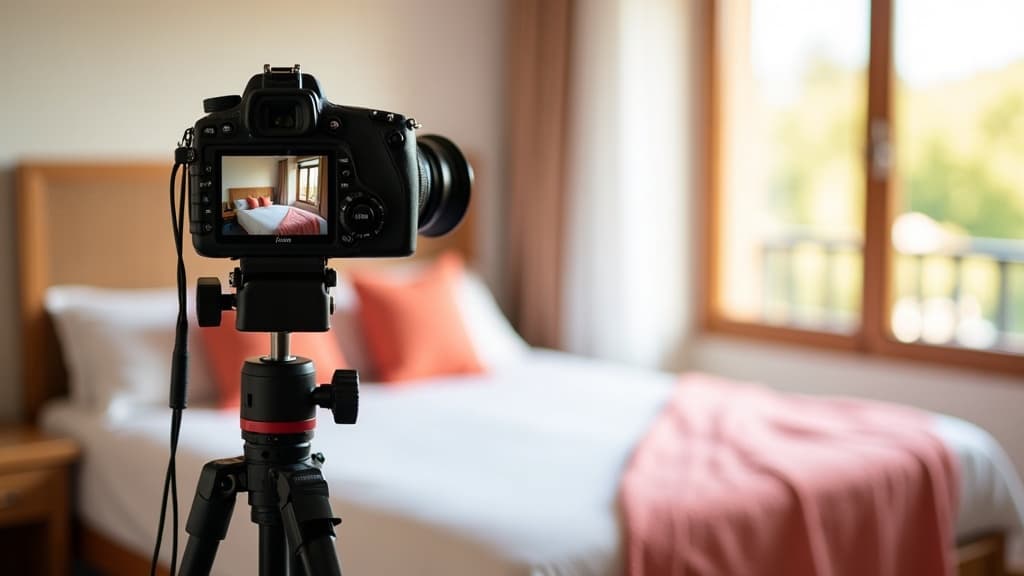 Professional camera on a tripod in a bright, styled vacation rental bedroom