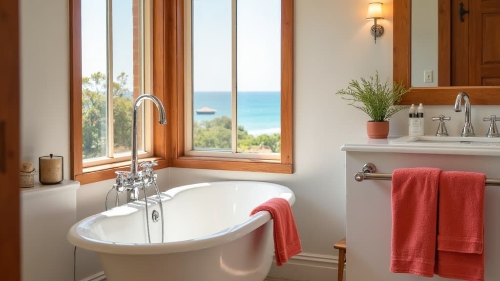 Spa-like vacation rental bathroom with freestanding tub and warm wood accents