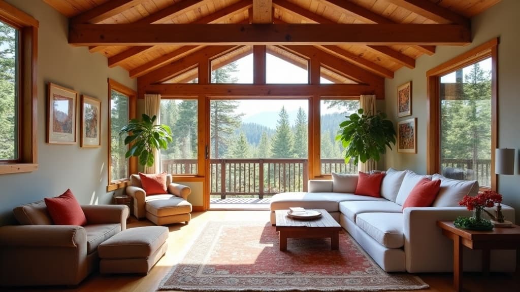 Rustic modern mountain cabin interior with wood beams, linen sofa, and forest views