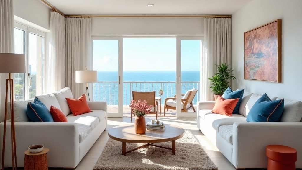 Bright coastal apartment living room with white walls, blue and coral accents, and a sea view window