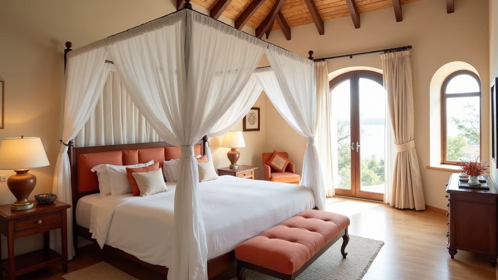 Luxury villa bedroom with canopy bed, crisp white linen, terracotta accents, and arched window light